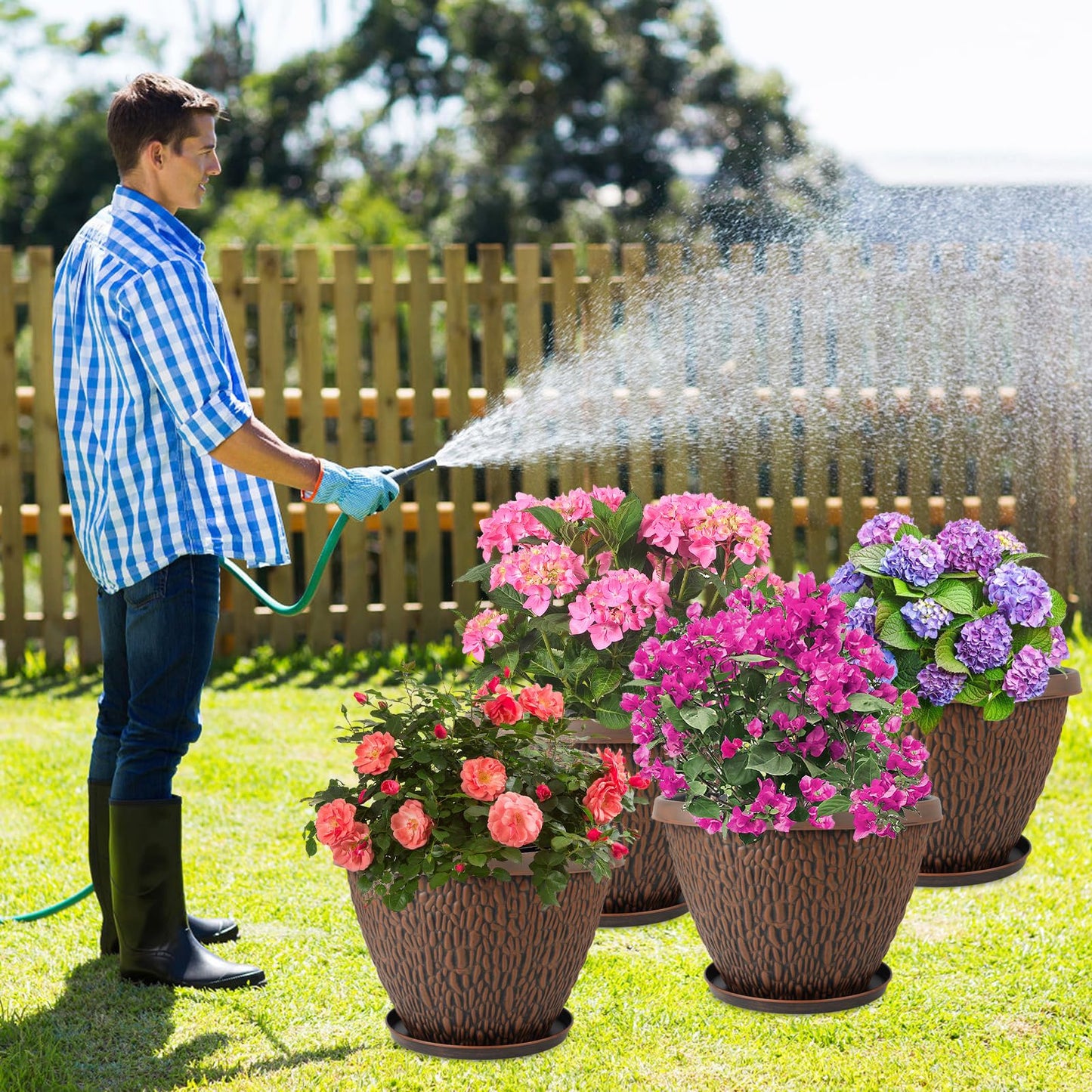 Nooulap 4 Pack 8 inch Small Plant Pots and 4 Pack 16 inch Large Flower Pots, for Indoor Outdoor Plants, Plastic Flower Pots Outdoor with Drainage Hole & Tray, Lightweight Planters Garden Home Decor