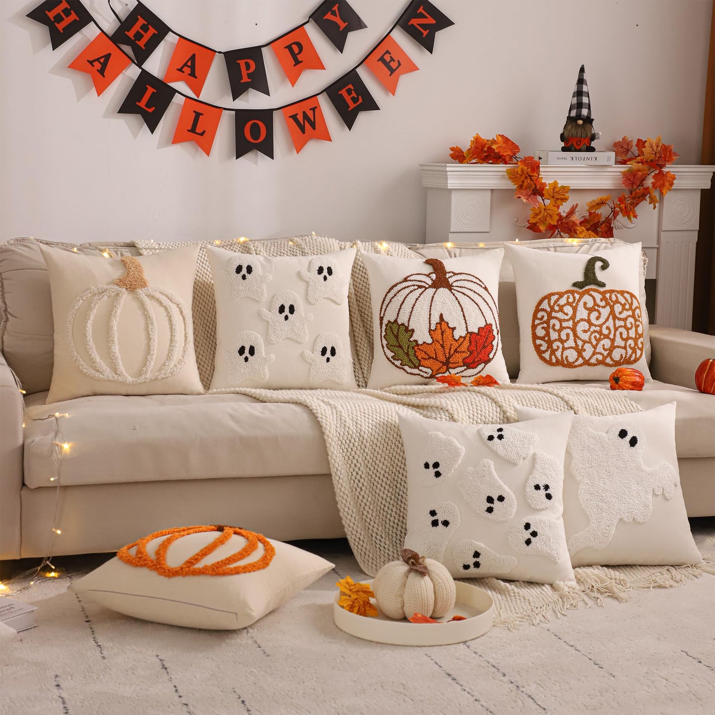 LUOYEHK Halloween Pillow Covers 18x18 Set of 2 Ghosts Decorative Throw Pillow Covers Holiday Canvas Embroidered Cushion Covers for Couch Sofa Bed Living Room