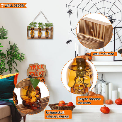 Plant Terrarium Propagation Stations Hydroponics Halloween Skull Planter Vase Skulls Decor with Wooden Stand Gift for Father