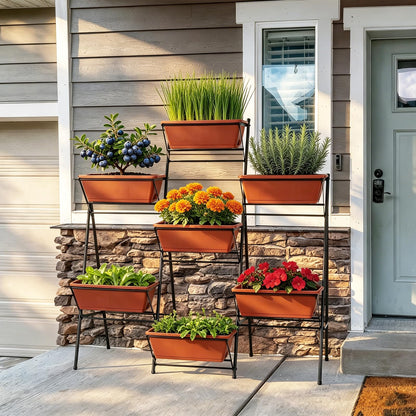 Sunexinlo 5-Tier Vertical Garden Planter with 7 Plant Boxes & Drainage Trays, Metal Freestanding Raised Bed for Herbs Flowers Vegetables, Indoor Outdoor for Patio Balcony Deck, Brick Red