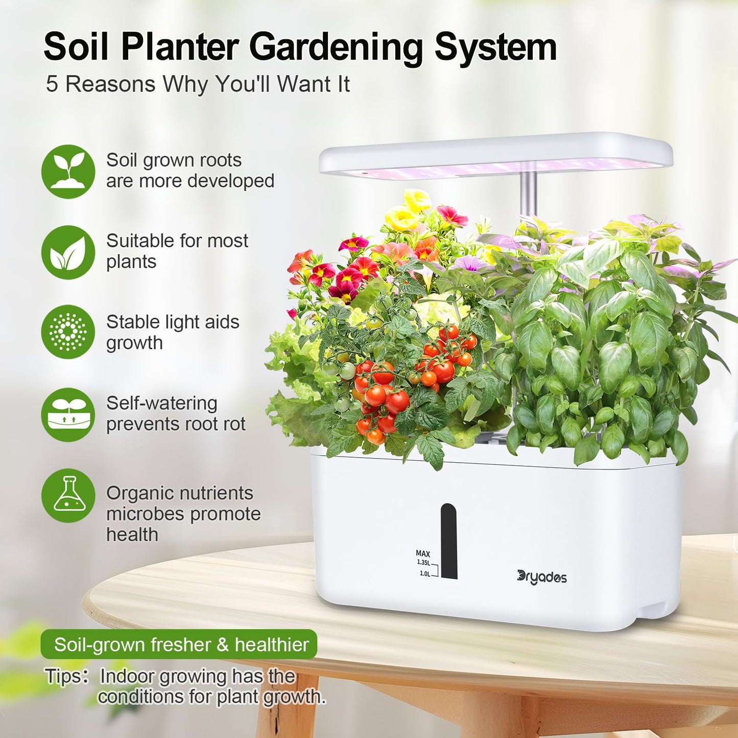 DRYADES Indoor Garden System 19 Watt LED Growing Light Upgrade 2 Self-Watering Soil-Cultivated Growing Pots Gardening Gifts for Mom Plant Pot for Vegetables Herbs Tomato(No Seeds&Soil)