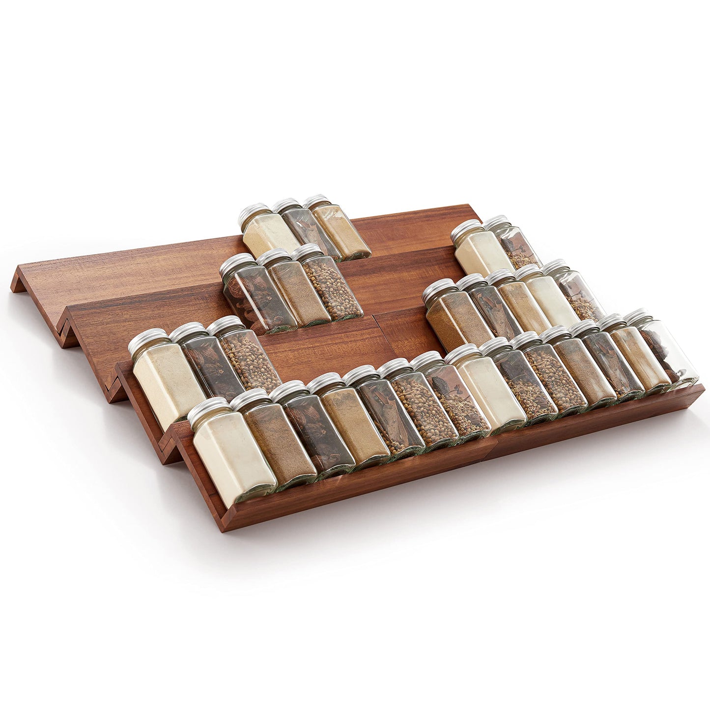 Tinamo Wood Spice Drawer Organizer - Acacia Wooden Tray Spice Racks Organizer for Cabinet Storage Shelf - 4 Tier Spice Rack for Drawer 32 Jars (Pack 4)
