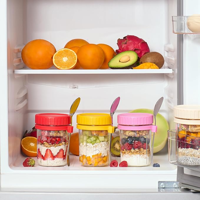 Danmu 16oz Overnight Oats Containers with Lids,Parfait Cups with lids Removable Dressing Cup & Spoon,Leak-Proof Parfait & Salad Jars for Breakfast,Office,Gym 6 Pack
