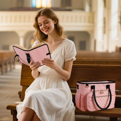 Large Bible Bag with Bible Cover Case for Women, Quilted Church Tote Bags for Bible Study Supplies, Christian Gifts for Women (Pink)