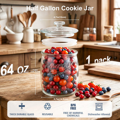 Folinstall Cookie Jar, 1/2 Gallon Glass Storage Containers with Airtight Lids, Wide Mouth Food Jars & Canisters for Kitchen, Pantry, Apothecary, Flour, Sugar, Sourdough Starter, Dog Treat, Half Gallon