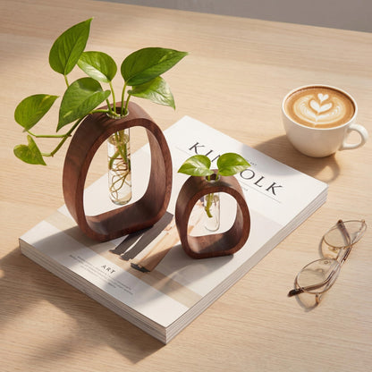 Houmury Walnut Wood Propagation Station Set of 2 Hydroponic Glass Test Tube Vases 7.5” & 5.8” for Plants Cuttings Modern Farmhouse Table Centerpieces for Home Office Desk Decor