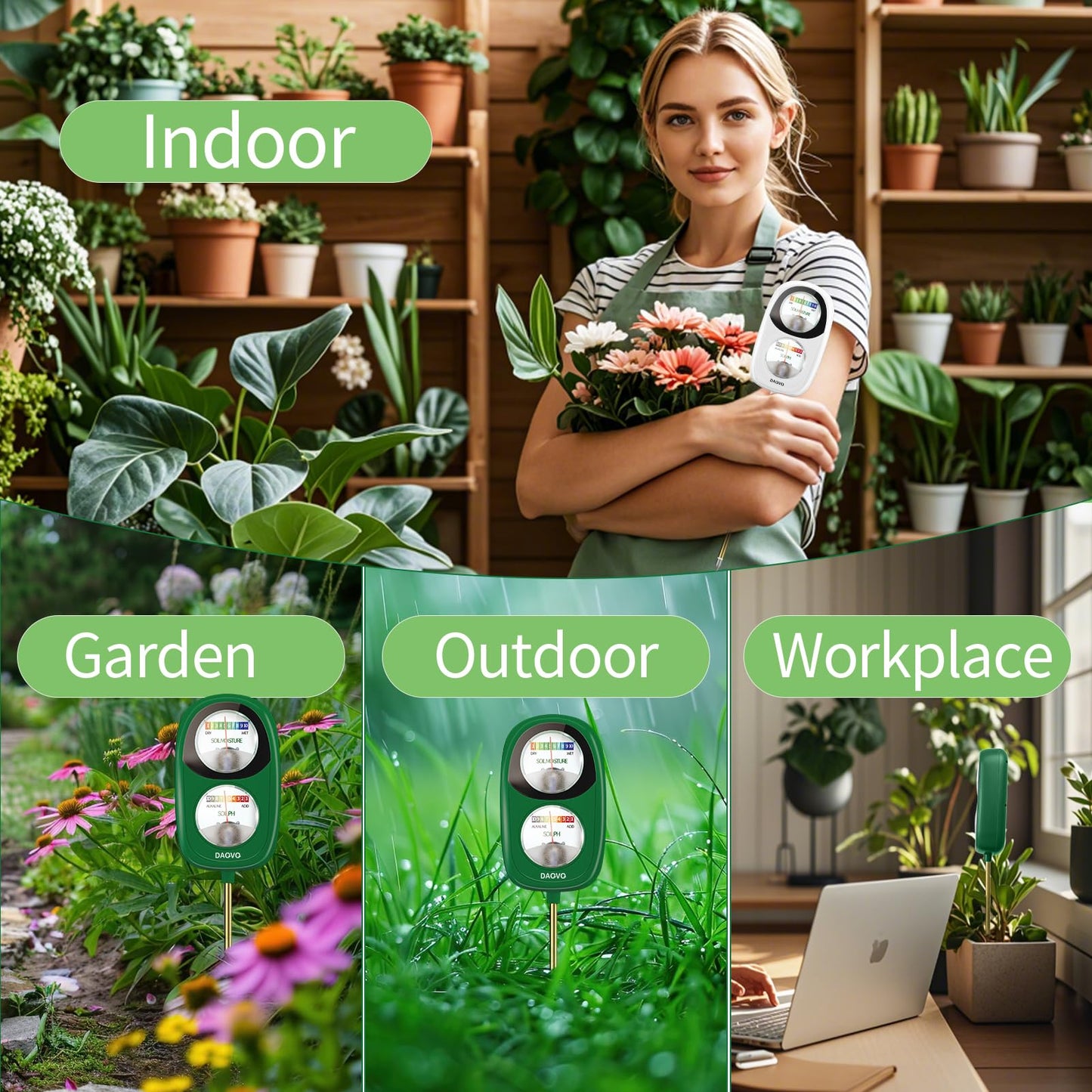 DAQVQ 2-in-1 Moisture Meter for Plants, Soil Moisture Meter & PH Meter, Large Dual-Screen Soil Test Kit, Essential Garden Tools for Indoor/Outdoor Plant, Lawn, Farm, No Battery Needed