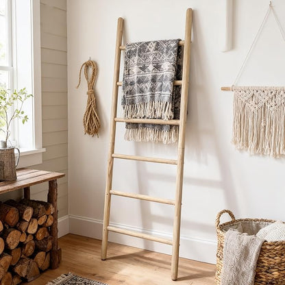 Wooden Blanket Ladder -77x24in Natural & Motley Wood - Leaning Wall Decor for Bedroom, Bathroom, Living Room - Rustic Quilt Holder & Towel Rack (77x24in | Knock Down,Light Wood Color)