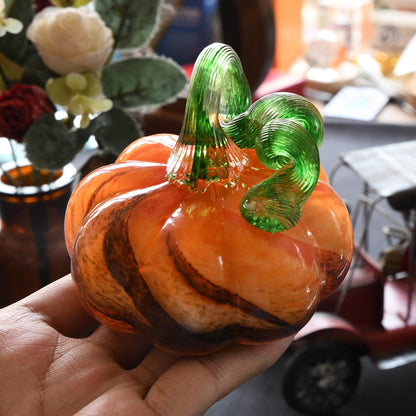 QIANCHANG 3" Hand Blown Glass Pumpkin Figurine, Large Brown Halloween Crystal Pumpkin Paperweight, Thanksgiving Pumpkins Fall Decorations for Home Table Centerpiece