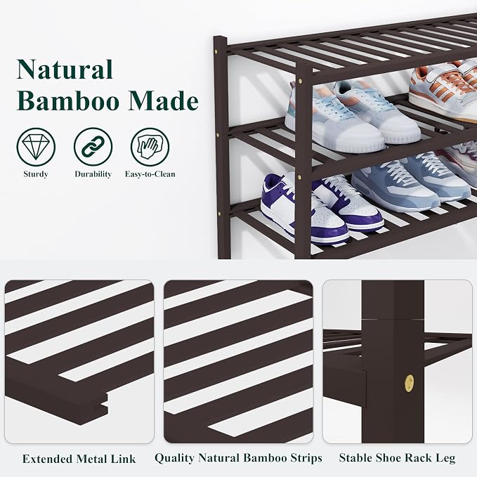 Smiry Bamboo Shoe Rack, 2 Tier Free Standing Wooden Shoe Organizer, Stackable Wood Shoe Storage Shelf for Closet, Entryway, 14 Vertical Slats, One-piece Heavy-Duty Legs, 26.8"x11"x13", Brown