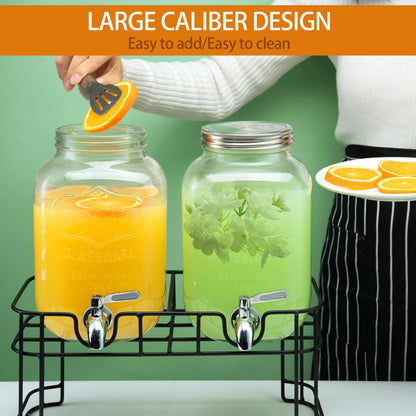 1 Gallon Glass Drink Dispensers for Parties, 2PACK Beverage Dispenser with Stand, Ice Cylinder and Stainless Steel Spigot 100% Leakproof, Beverage Dispenser for Lemonade Sun Tea