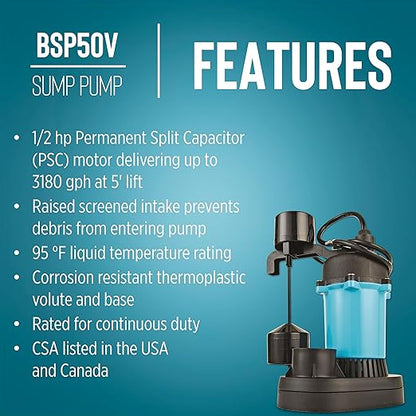 Little Giant BSP50V 1/2 HP, 115 Volt, 3180 GPH Automatic Submersible Epoxy Coated Cast Aluminum Sump Pump with Piggy-back Vertical Switch and 8-Ft. Cord, Blue, 511251