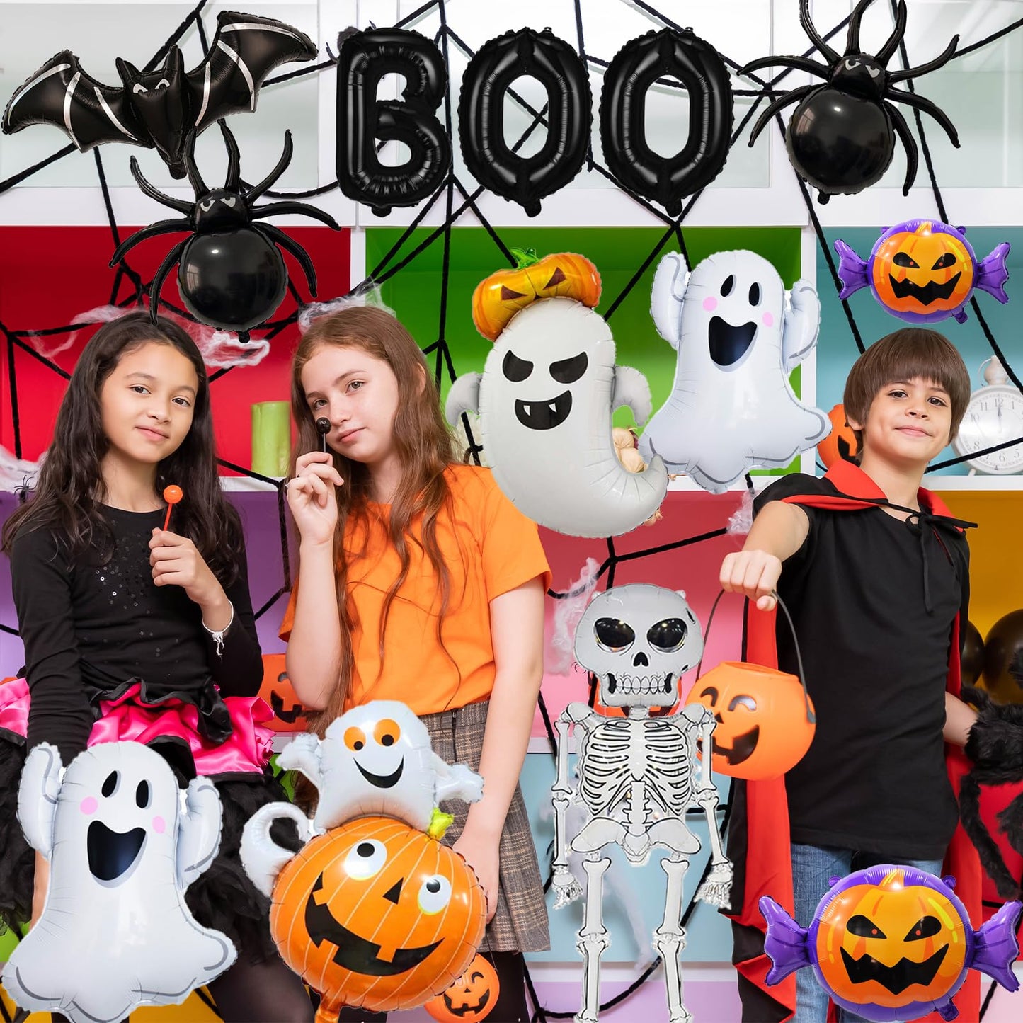 Wecepar Halloween Party Decorations – 12Pcs Ghost Skeleton Pumpkin Bat Spider BOO Foil Balloons Set for Halloween Birthday Party Supplies