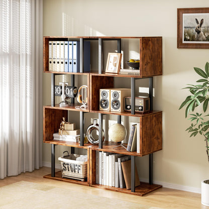 Furologee 5 Tier Bookshelf, S Shaped Geometric Bookcase, Narrow Freestanding Display Shelves, Modern Wood Decorative Storage Rack for Bedroom, Living Room, Home Office, Rustic Brown