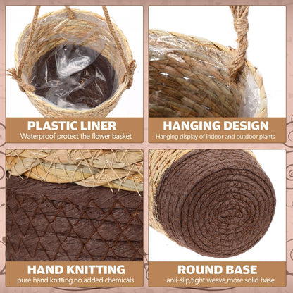 Ferrochef 6 Pcs Seagrass Hanging Planter Basket Hand Woven Plant Basket with Plastic Liners Hanging Plant Holder Storage Containers with Cotton Rope for Indoor Garden Decor (Small,Brown,Coffee Brown)
