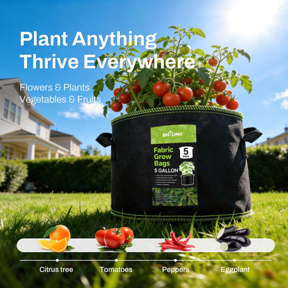 BN-LINK 5-Pack 5 Gallon Grow Bags, Heavy Duty Aeration Fabric Pots with Handles, Thickened Nonwoven Plant Bags for Vegetables, Flowers, Fruits