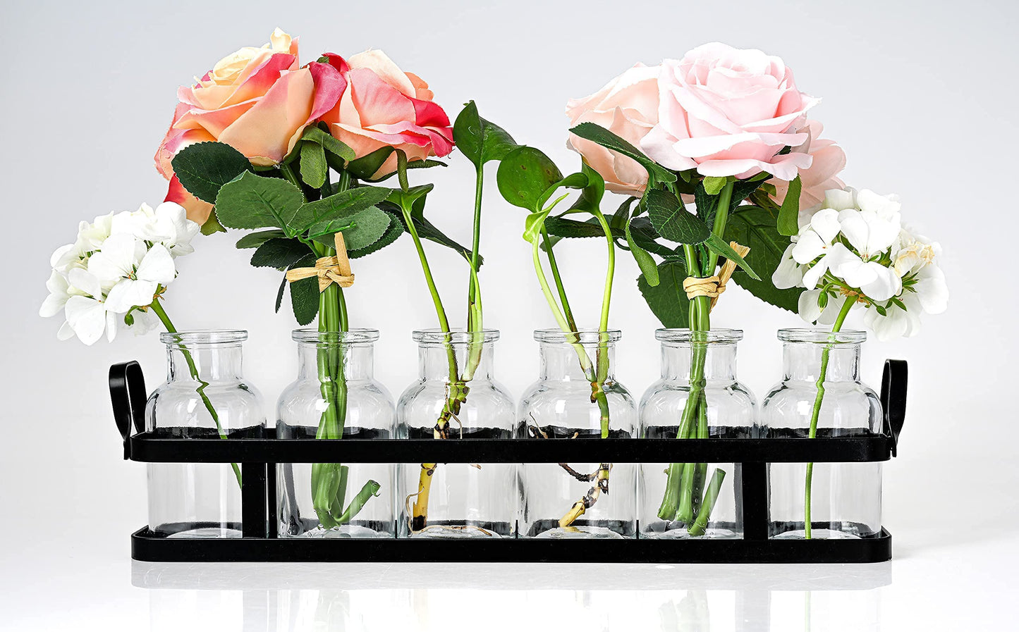 6pc Glass Flower Vase with Metal Holder, Best Vases Set for Home & Table Decor Flowers, Wedding Decorations, Kitchen, Bathroom, Bedroom, Modern Shelf Decor, Terrarium Arrangement
