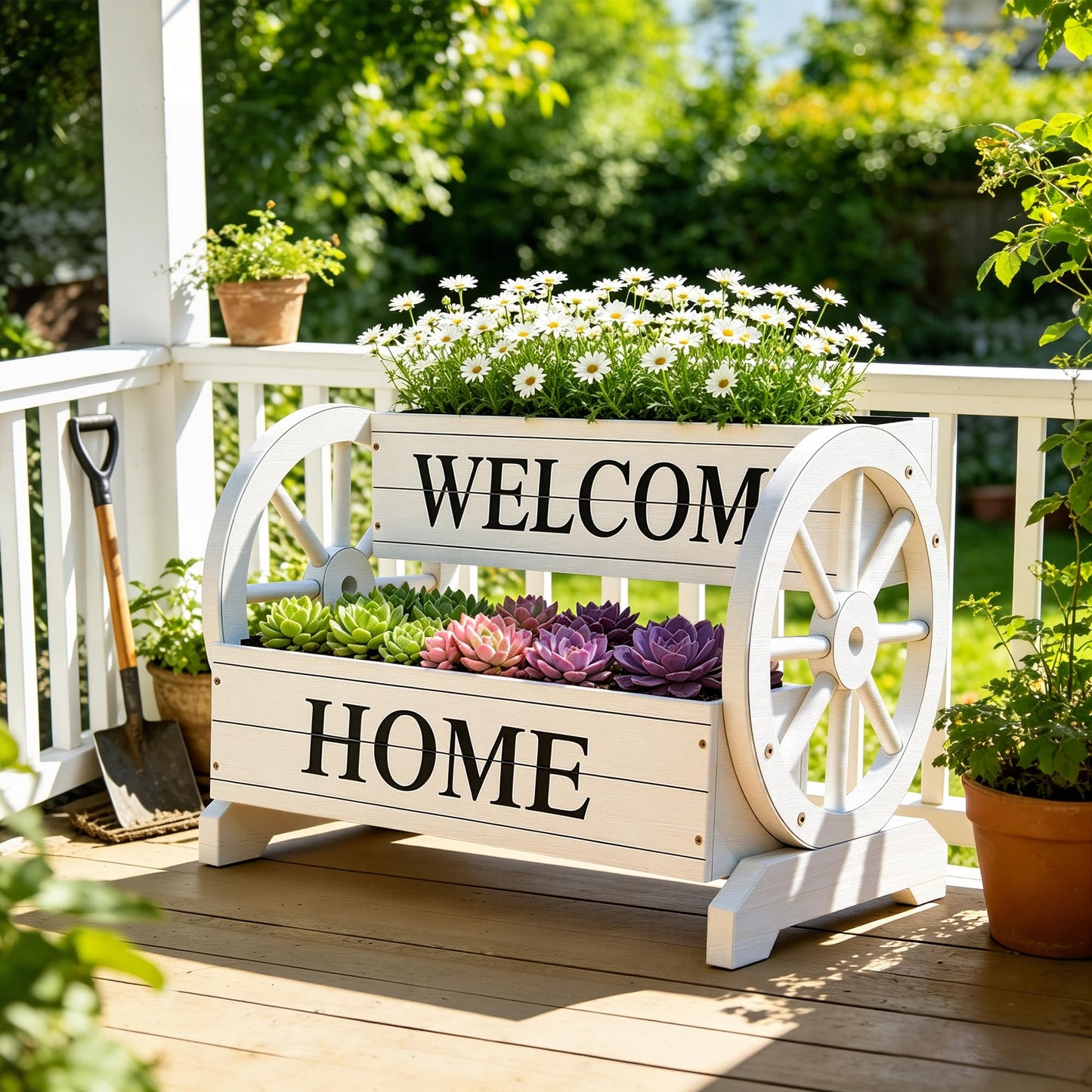 Ultym 2-Tier Wooden Wagon Planter Box, Extra Large Decorative Flower Cart with Wheels, Washed White Rustic Wood Planter with Drainage Holes & Non-Woven Liner, Raised Bed for Flowers Herbs Vegetables
