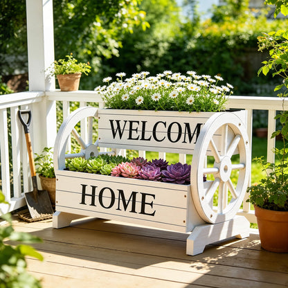 Ultym 2-Tier Wooden Wagon Planter Box, Extra Large Decorative Flower Cart with Wheels, Washed White Rustic Wood Planter with Drainage Holes & Non-Woven Liner, Raised Bed for Flowers Herbs Vegetables