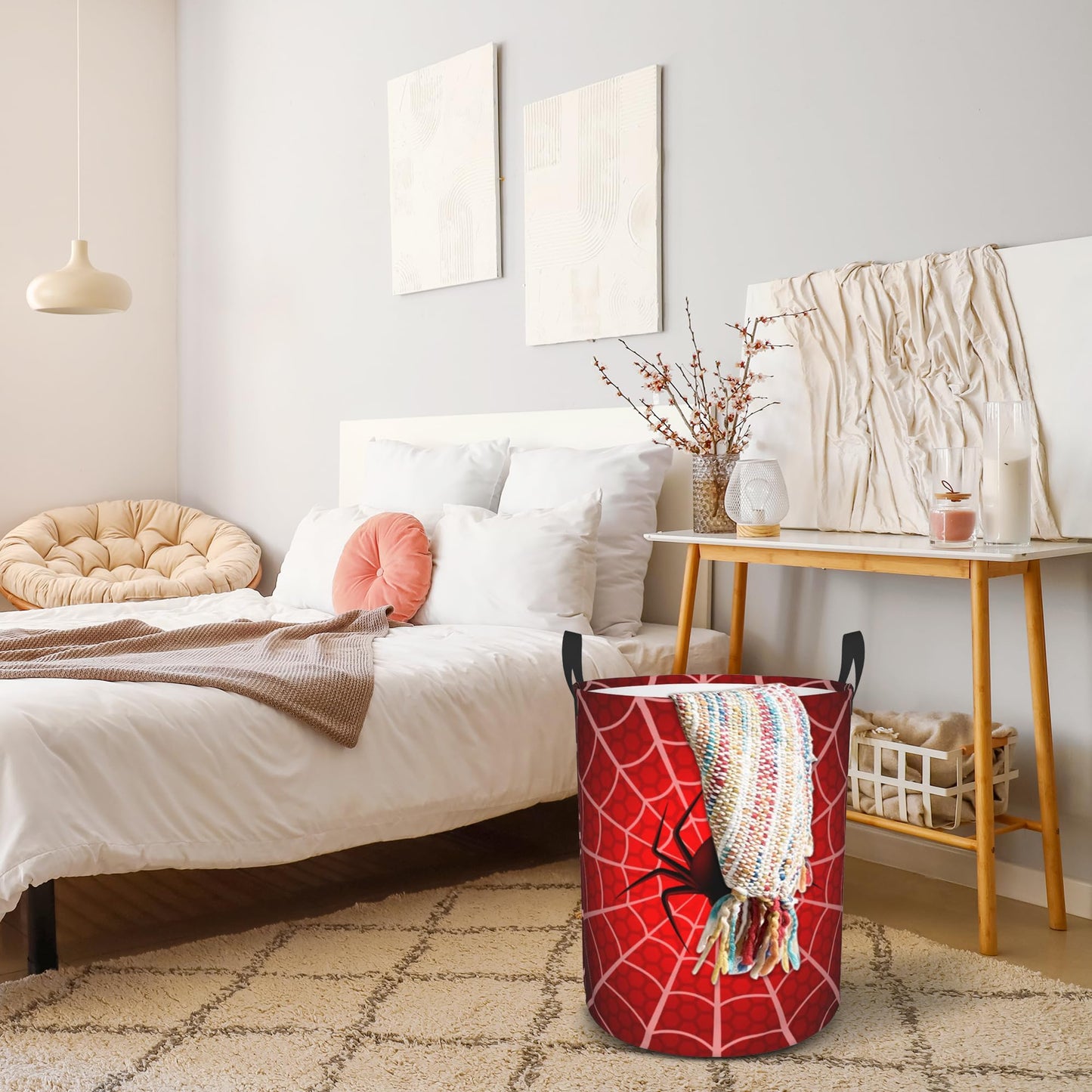 Laundry Basket, Dirty Clothes Basket, Foldable Waterproof Oxford Cloth Storage Basket for Bedroom, Bathroom, Clothes,Large Storage Basket Home Decoration(Red Spider Web)