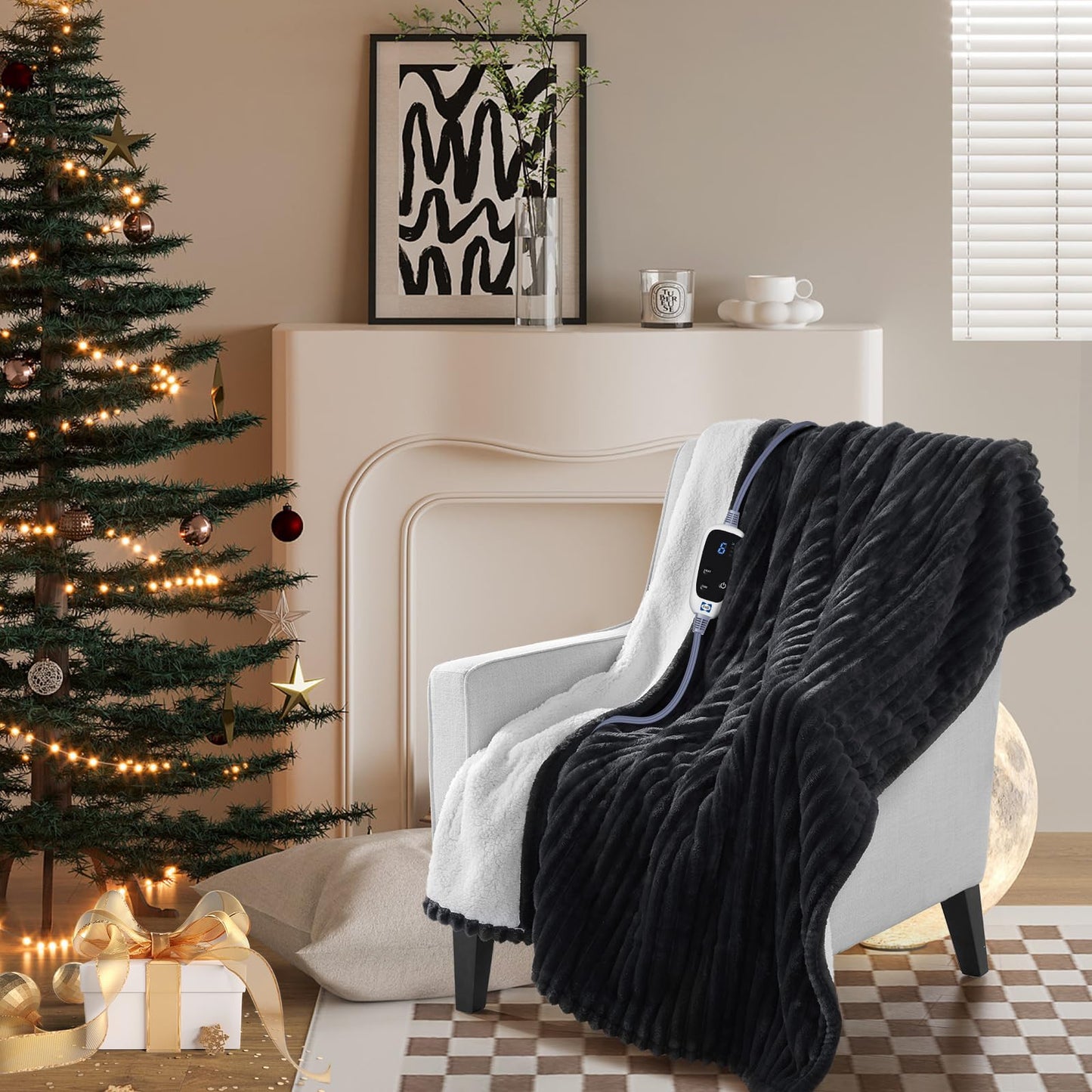 SEALY Electric Blanket Full Size, Soft Ribbed Flannel to Sherpa Reversible Heated Blanket with 10 Heat Settings & 1-12 Hours Auto-Off Overheat Protection, Machine Washable, 72"x84" Beige