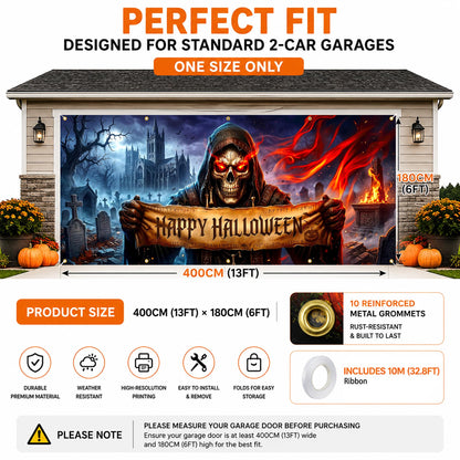 Halloween Garage Door Banner 13x6 FT Outdoor Decoration, Large Spooky Yard Decor Backdrop, Weatherproof Easy Install for Halloween Party (Funny Witch Cat Door Scene, 6 x 13 ft)