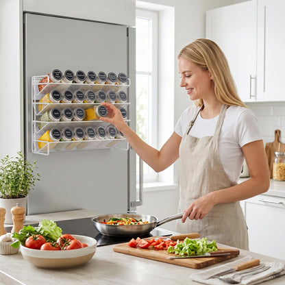 UVIAHOMI Magnetic Spice Rack Organizer for Refrigerator with 28 Spice Jars, 386 Spice Labels, 4 Hook, Chalk Marker and Funnel Set, Magnetic Shelf for Seasoning Organizer, 13.2'' W x 9.8 H, White