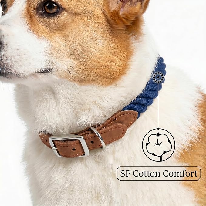 Mile High Life Genuine Leather Dog Collar, Durable Braided Cotton Rope Collar with Metal Pin Buckle for Small Medium Large Dogs (Navy Blue, S Neck 11"-15")