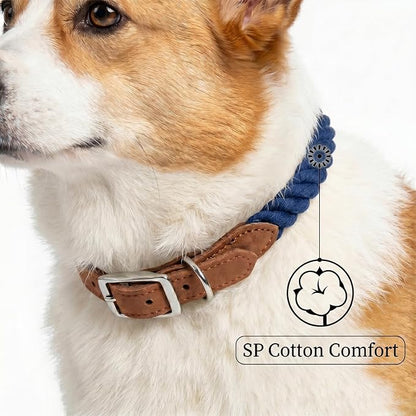 Mile High Life Genuine Leather Dog Collar, Durable Braided Cotton Rope Collar with Metal Pin Buckle for Small Medium Large Dogs (Navy Blue, L Neck 17"-21")