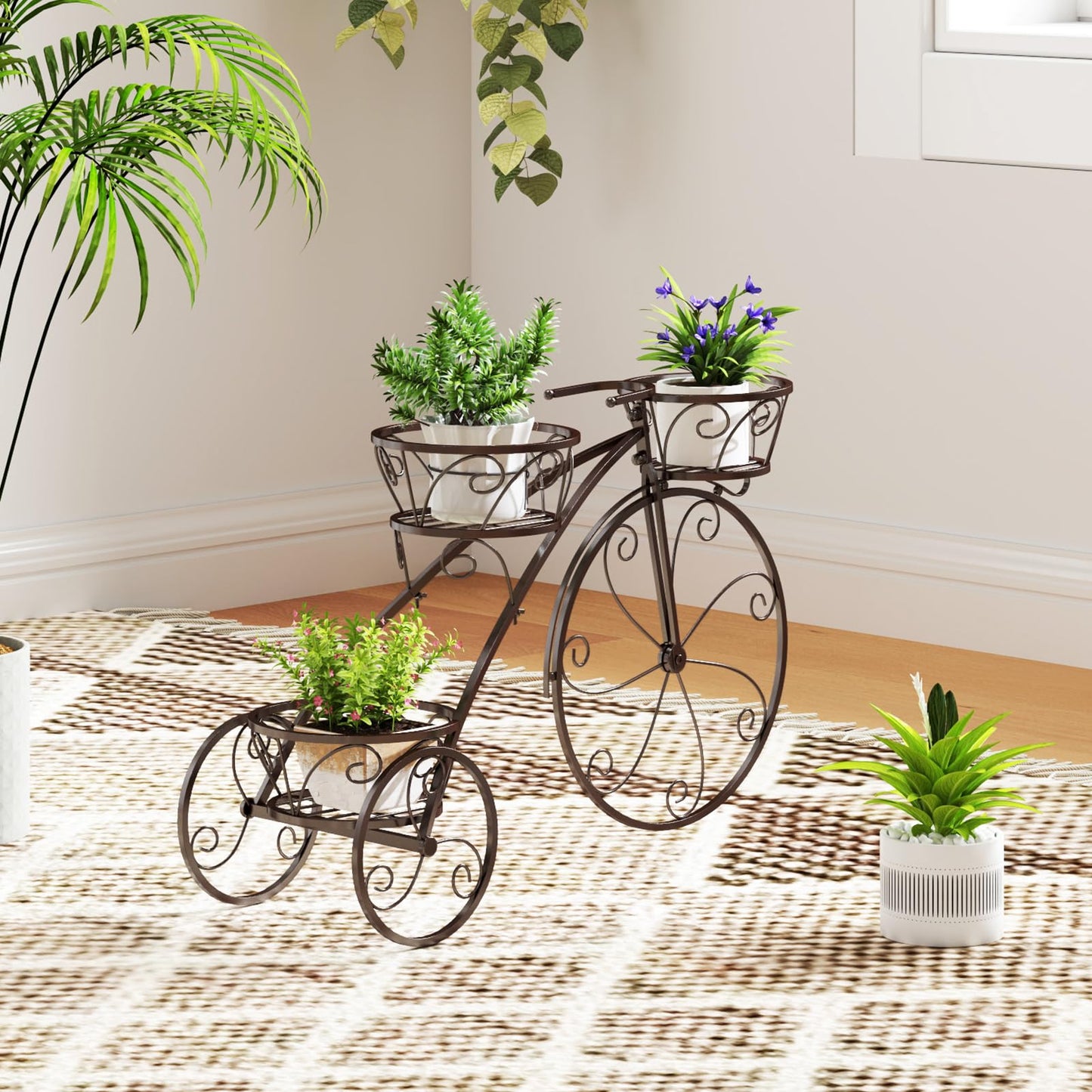 Toolsempire Tricycle Plant Stand, 3-Tier Metal Plant Stand Bicycle Flower Pot Cart with Hollowed Baskets, Planter Potted Holder for Patio, Garden, Deck, Lawn (Bronze)