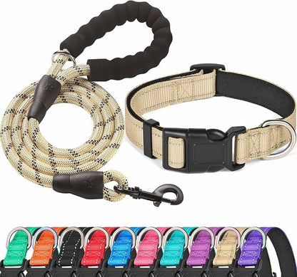 Ladoogo Reflective Dog Collar Padded with Soft Neoprene Breathable Adjustable Nylon Dog Collars for Small Medium Large Dogs (Large (Pack of 1), Vanilla Collar+Leash)