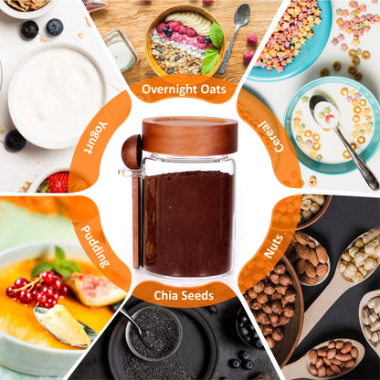 MOLADRI 15 oz/450 ml Glass Storage Canister with Airtight Wooden Lid, Clear Small Decorative Container Jar with Spoon for Salad Overnight Oats Snacks Yogurt Cereal Fruit Spice Sugar Coffee Candy Salt