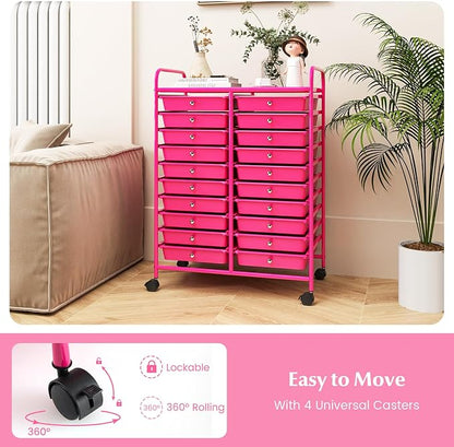 COSTWAY 20-Drawer Rolling Storage Cart, Utility Storage Organizer Cart for Tools, Scrapbook, Paper, Craft, Multipurpose Storage Trolley on Wheels for Home Office School, Hot Pink