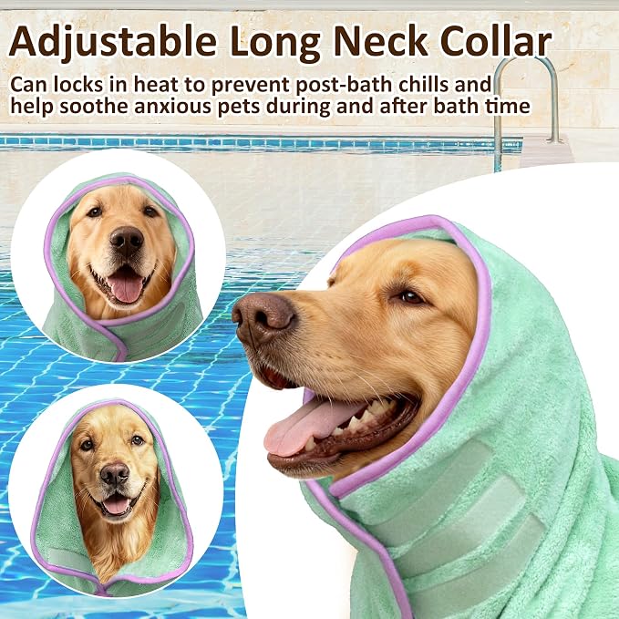 Soft Dog Bathrobe Fast Drying Dog Coat, Super Absorbent Dog Towels for After Bath, Microfiber Pet Robe Adjustable Collar & Belly Warm Keeping Dogs Coat for Pet Dogs & Cats (Green, Large)