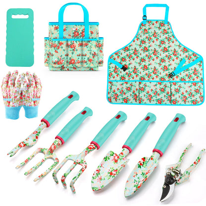 Garden Tools Set WANCHI 10 Piece Heavy Duty Floral Garden Tool Set Gardening Gifts for Women Men Birthday Rust-Proof Aluminum Garden Hand Tools Gardening Kit with Tote Bag Apron Glove