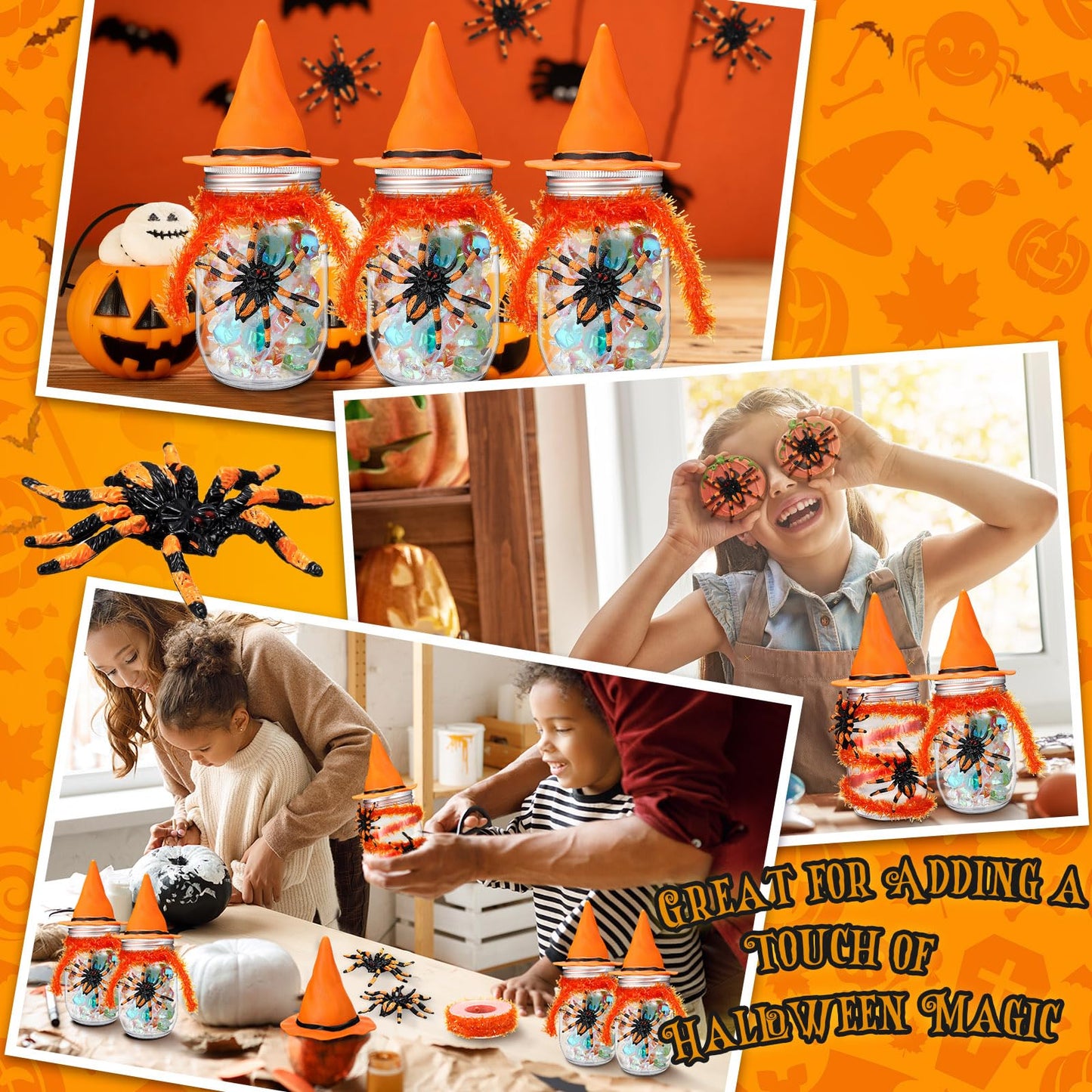 Mimorou 12 Sets Halloween Candy Jars 8.5 oz Plastic Cookie Jars Kit with Witch Hat Lid Scary Spider Food Storage Containers Trick or Treat DIY Crafts for Halloween Party Centerpieces Decor(Orange)