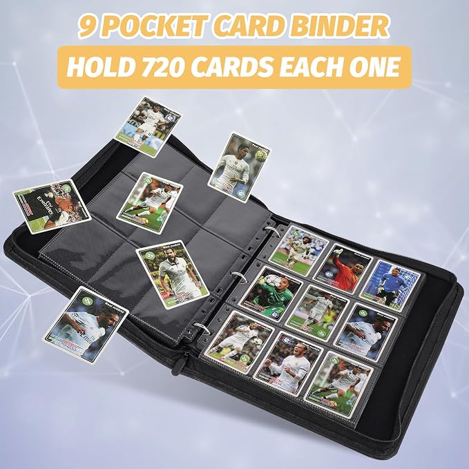 GERMUN 3 Ring 9 Pocket Zipper Card Binder, 720 Double Sided Standard PU Trading Card Album Folder for TCG & Sports Cards, Not Fit Top Loaders (Marble Black)