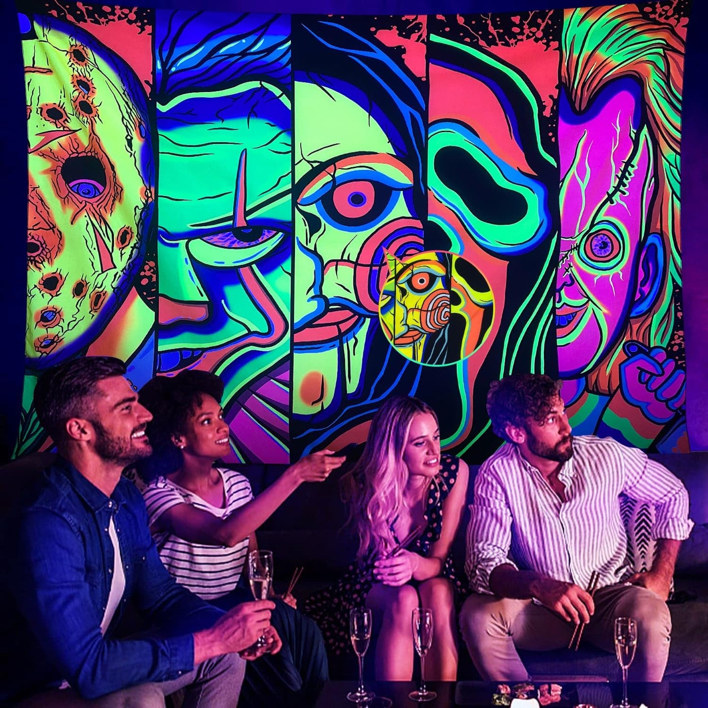 ARTCREATOR Black Light Art Halloween Wall Decor Trippy Blacklight Horror Face Tapestry, UV Reactive Tapestries Glow in The Dark Party Tapestry for Bedroom, Living Room (59" x 78")