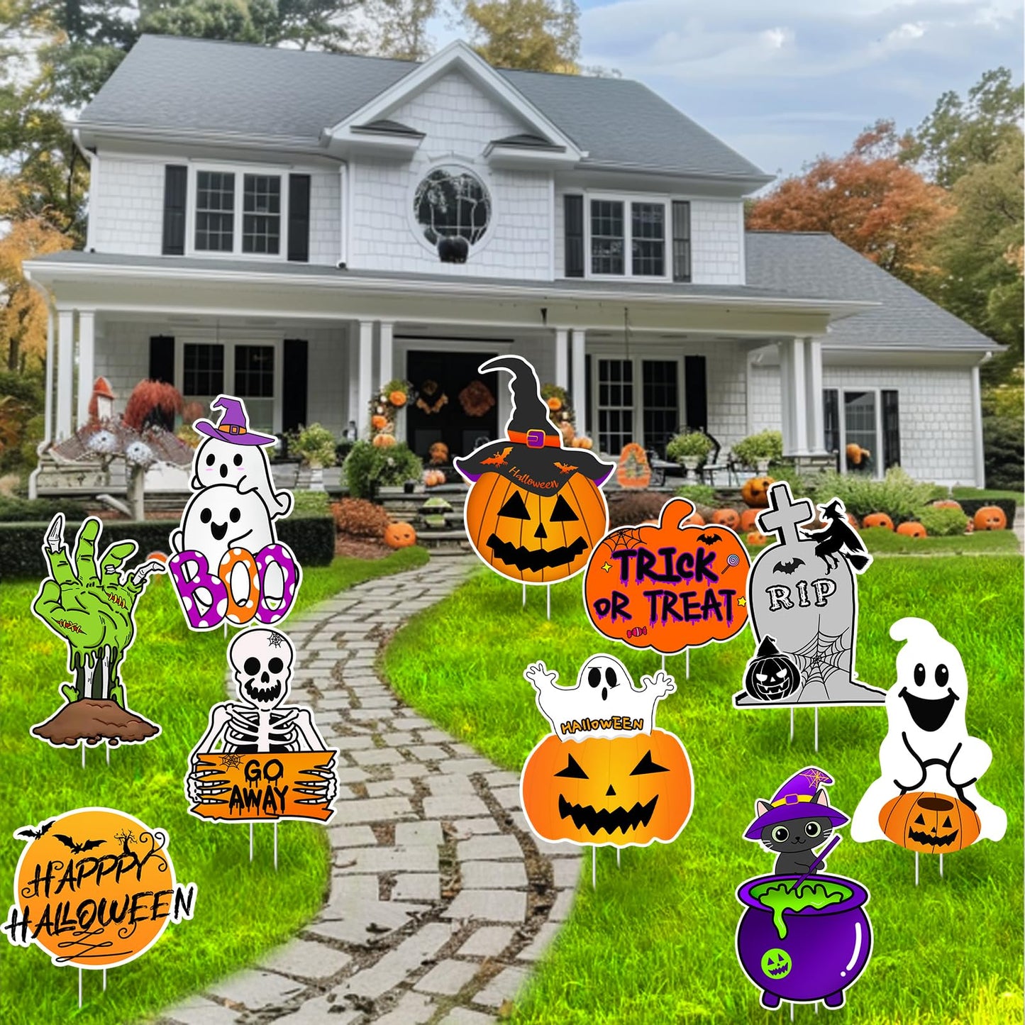 10 PCS Cute Halloween Decorations Outdoor Yard Signs,Large Yard Stakes Signs Pumpkin Ghost,Halloween Lawn Decoration for Family Friendly Kids Home Party Plastic Halloween Yard Stakes