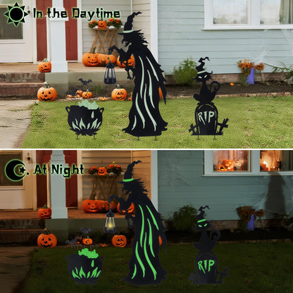Prsildan Halloween Decorations Outdoor - 3 Pack Metal Witch Yard Stakes with Solar Lantern & Glow in The Dark Cauldron + Tombstone, Lighted Witches Silhouette Decor for Porch Garden Lawn Cemetery