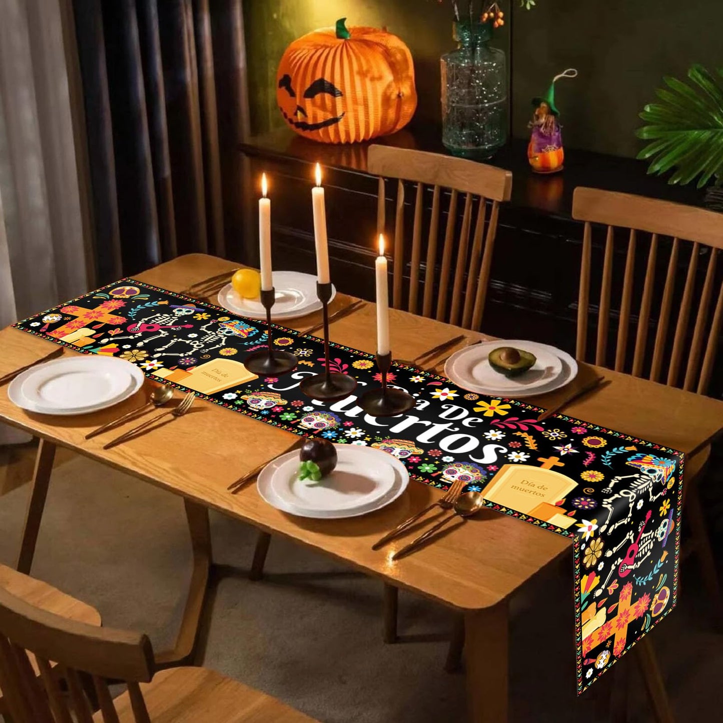 Halloween Table Runner 72 Inches Long, Day of The Dead Table Runner Dia De Los Muertos Sugar Skull Table Runner Happy Halloween Runners for Table Line Cover Tablecloth for Halloween Party Decorations