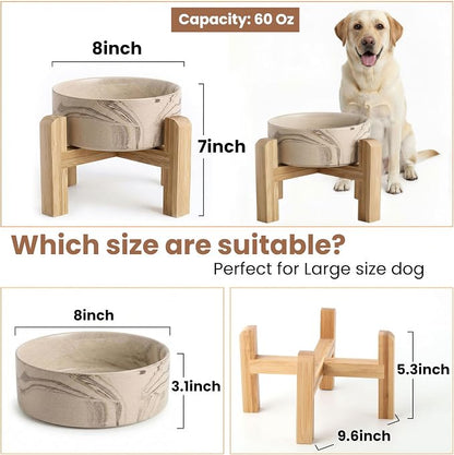 hjn Elevated Ceramic Dog Bowl with Bamboo Stand, Raised Pet Feeding Station for Small Medium Dogs Cats, Modern Design with Anti-Slip Base (Marble Brown, 7.6Cup)