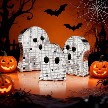 3 Pcs Halloween Disco Ghost Decor,5.9" 7" 8.2" Ghost Mirror Disco Ball Indoor Glitter Spooky Ghost Sign Halloween Tiered Tray Decor Mosaic Table Centerpiece for Party Gift (Silver)