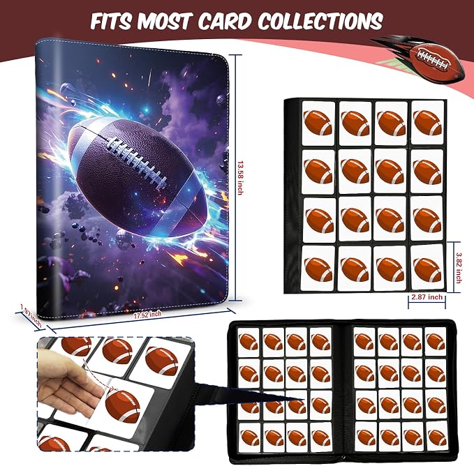 Football Card Binder 16 Pocket, Premium 1000+ Cards PU Cover Trading Sports Card Binder Side Loading Card Holder Collection Album Folders