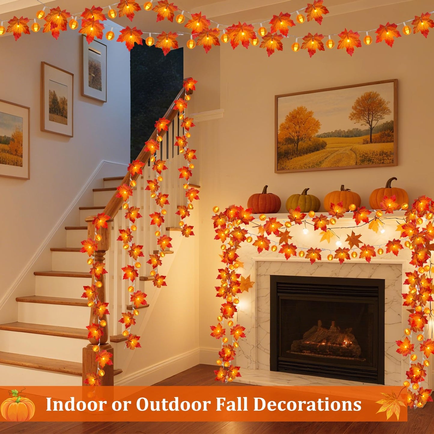 3 Pack Fall Decor Fall Garland with Pumpkin Lights&Enlarged Maple Fall String Lights Pumpkin Decor, 30Ft 60LED Waterproof Battery Operated Christmas Halloween Thanksgiving Fall Decorations for Home
