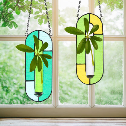 Yiyiring 2 Sets Stained Glass Window Hanging Propagation Window Propagation Stations Planters with Glass Tubes and Chain Terrarium Wall Plant Holder Decor for Living Room