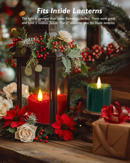 Homemory 2" x 2" Green & Red Timer Flickering Flameless Candles, 400+ Hour Battery Operated Votive Candles, 6Pack 3D Wick Electric Fake Candles for Party, Christmas, Halloween and Festival Celebration