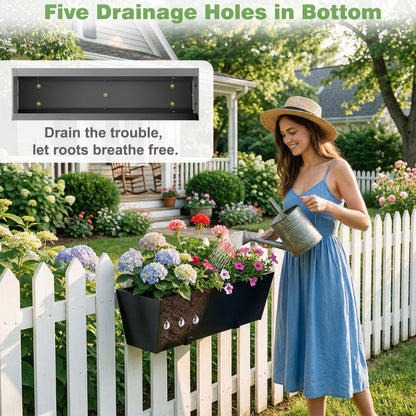 2PC Railing Planter for Outdoor Plants 36 Inch Metal Hanging Planters Pots with Adjustable Brackets and Drainage Railing Planter Boxes Hanging Flower Pots for Balcony Deck Railings Apartment Patio Dec