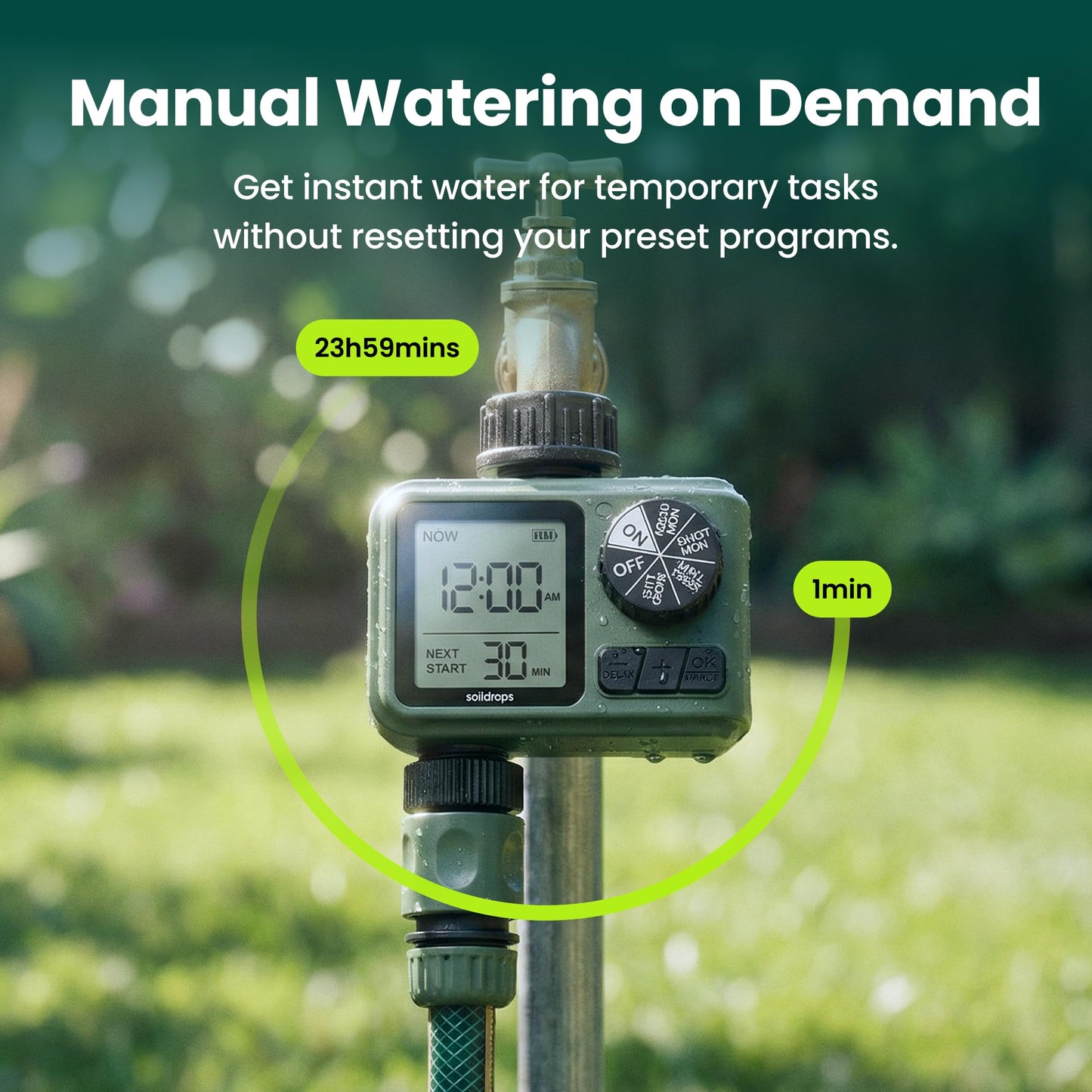 Soildrops Sprinkler Timer for Garden Hose, Programmable 1 or 2 Outlet Controller with Self-Cleaning Valve, 15-Day Frequency, Large Dial, Rain Delay & Auto-Off, IPX5