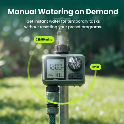 Soildrops Sprinkler Timer for Garden Hose, Programmable 1 or 2 Outlet Controller with Self-Cleaning Valve, 15-Day Frequency, Large Dial, Rain Delay & Auto-Off, IPX5